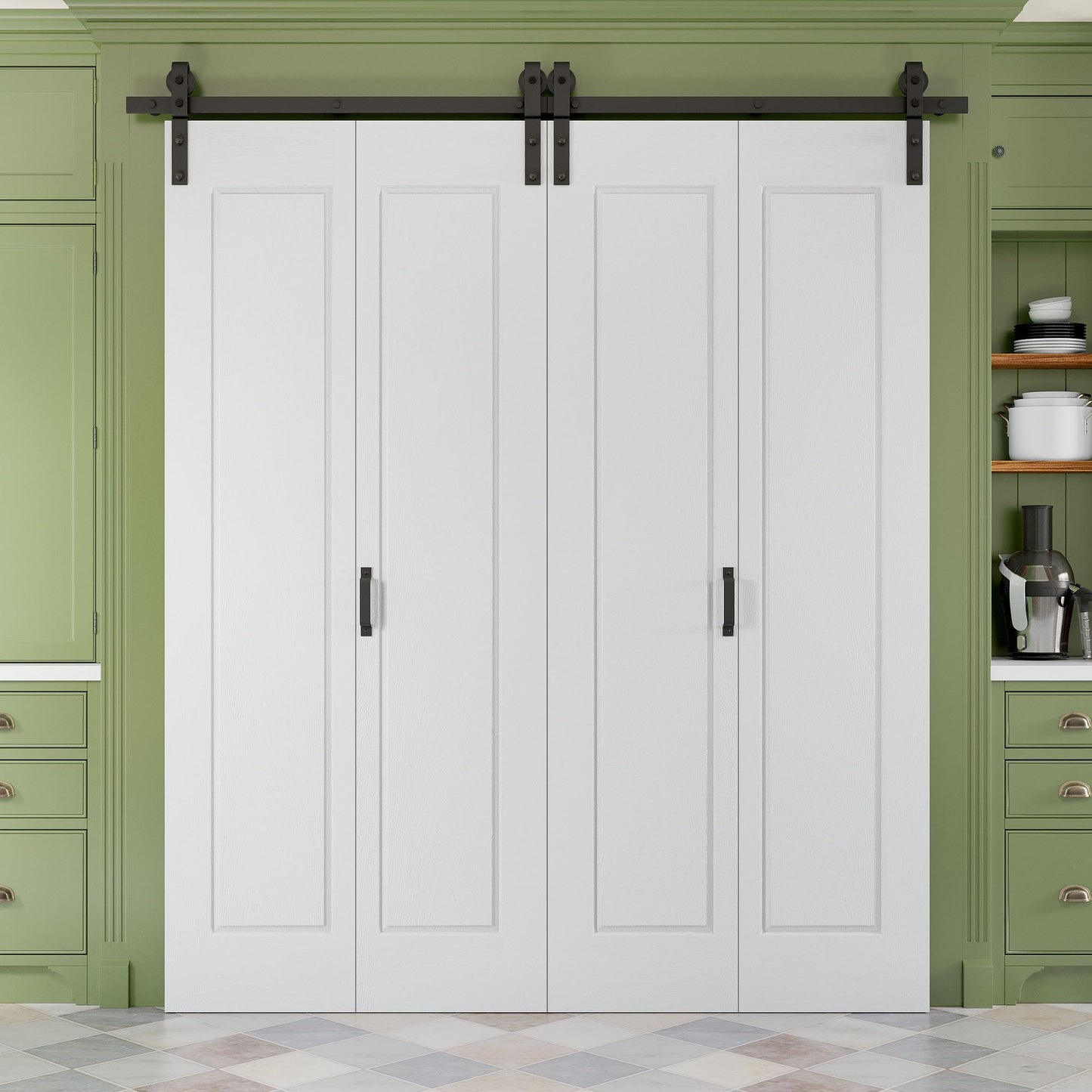 64" x 84" Paintable Bifold Barn Door, No Assembly Required, 1 Panel Bi-Fold Sliding Closet Doors with Hardware Kit Included, 72" Track Kit for 4 Doors, Pre-Drilled Holes, White