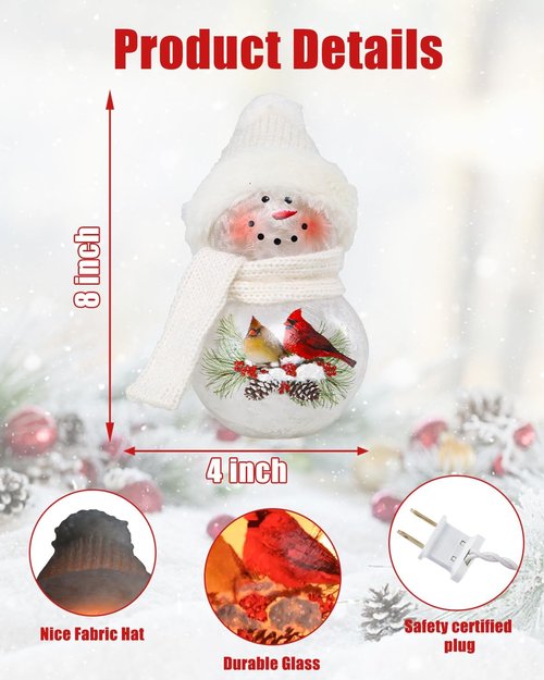 Bdor 8-Inch Snowman Christmas Decoration - Glass Figurine with Cardinal Couple & Warm Glow for Holiday Décor