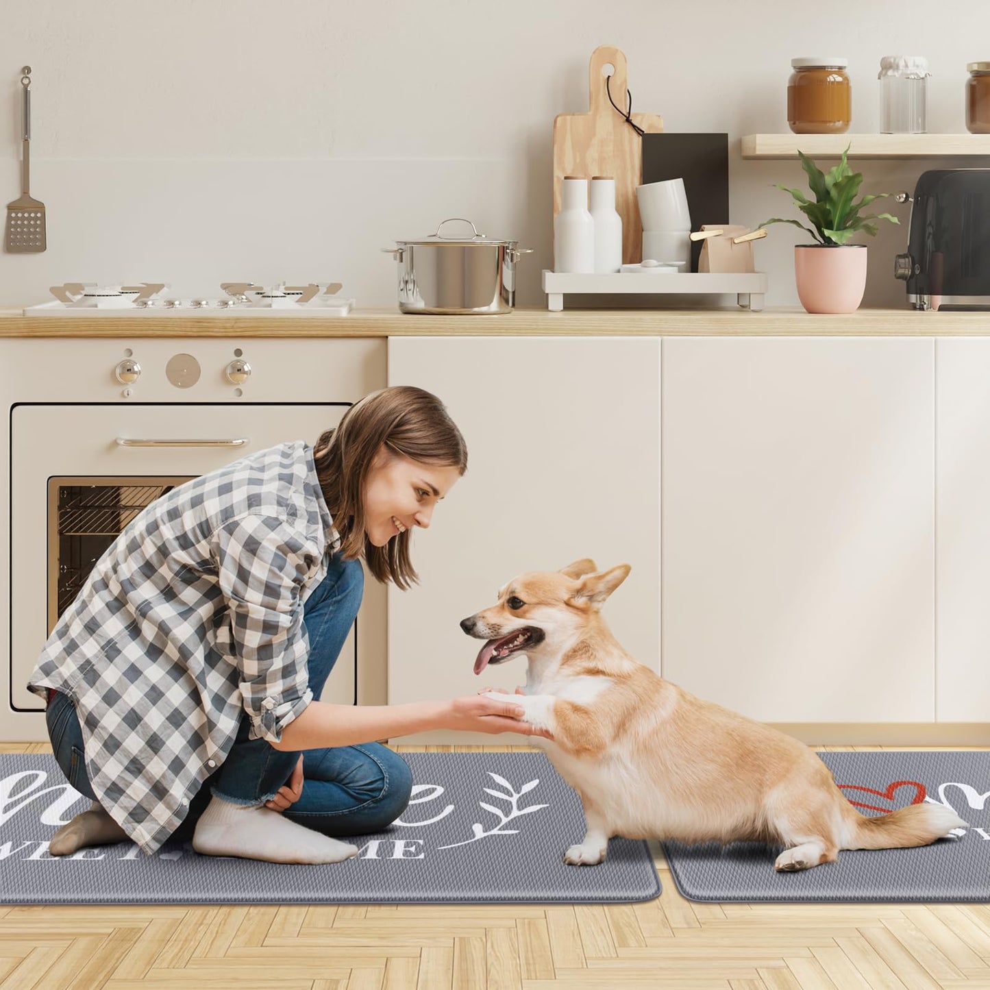 HappyTrends Kitchen Mat for Floor, 2PCS Cushioned Anti-Fatigue Kitchen Rugs, Waterproof Non-Slip Standing Mats and Rugs Set for Kitchen, Office, Laundry, Grey, 17.3"×30"+17.3"×47"