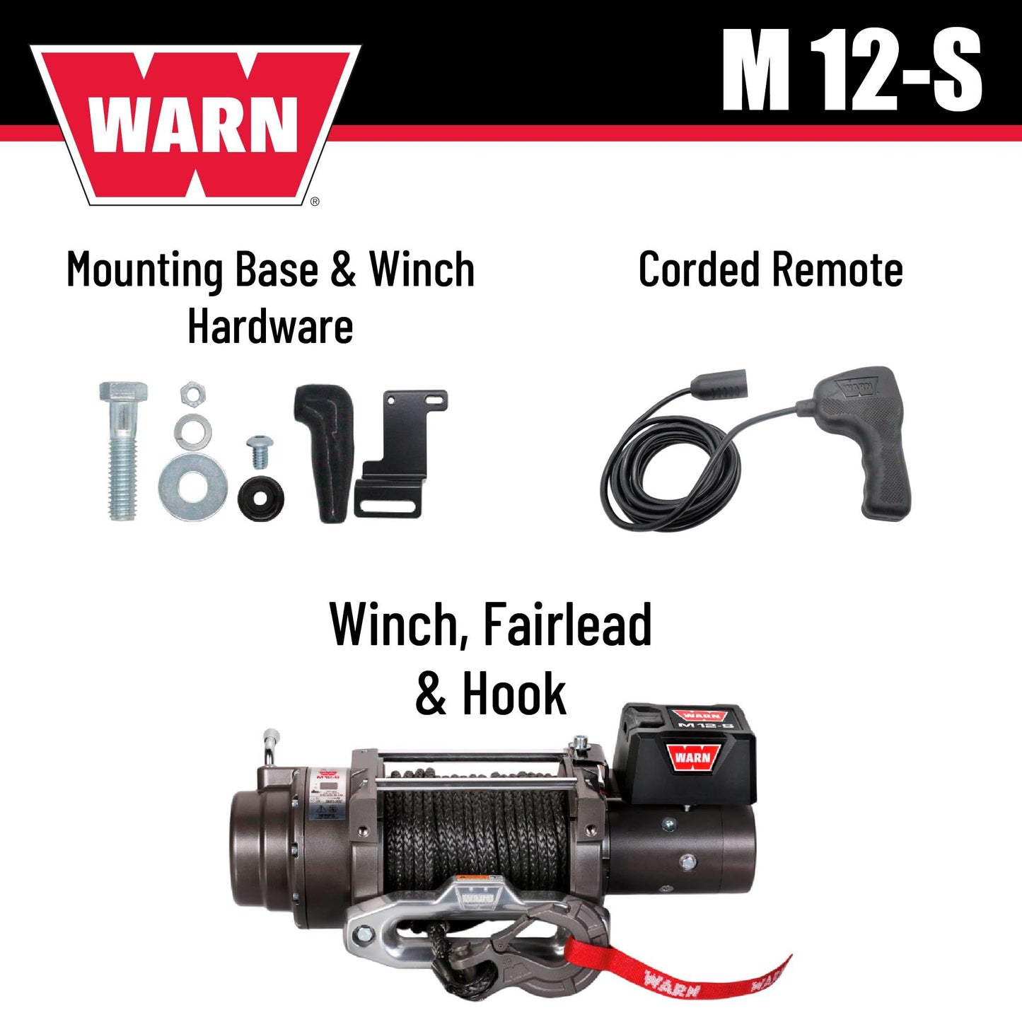 WARN M12-S Electric 12V Heavyweight Winch – 12,000 lb Pulling Capacity, Synthetic Rope, Sealed Motor, IP68 Waterproof, All-Metal Gear Train for Off-Road Recovery & Industrial Use