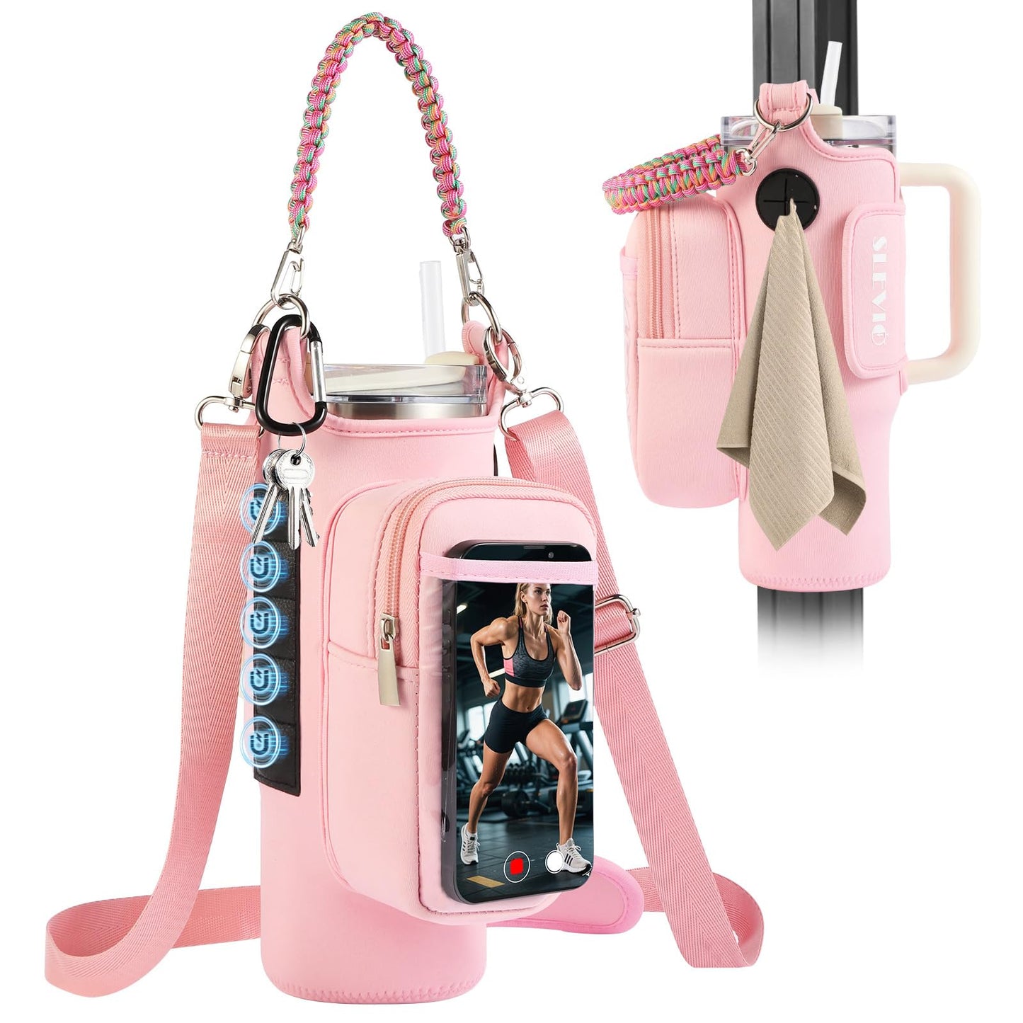Magnetic Gym Bag for Men, Water Bottle Carrier Holder with Strap, Phone Pockets for Stanley Cup 40 oz Tumbler, Small Bag Gym Accessories for Women with N52 Super Magnet(Pink)