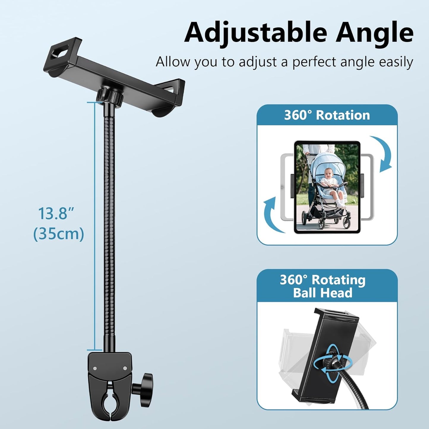 Evekea 4.7-12.9" Gooseneck Tablet Holder, iPad Holder for Stroller/Treadmill/Golf Cart/Boat/Mic Stand/Wheelchair/Gym