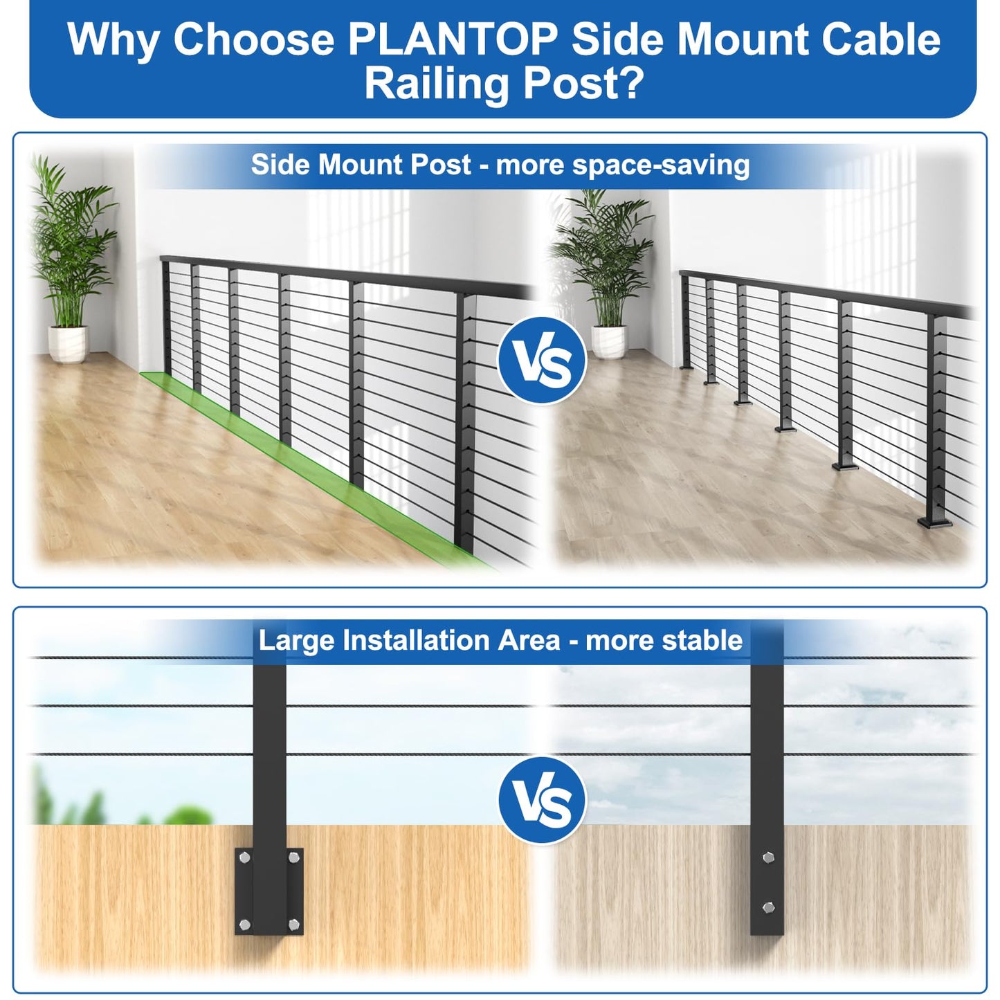 PLANTOP 36" Side Mount Cable Railing Post Kit, Included 2 Pack Level Drilled Fascia Mount Posts, 1/8" Invisible Cable Railing Anchor Terminal, Stainless Steel Handrail Deck Corner Post for Indoor Out
