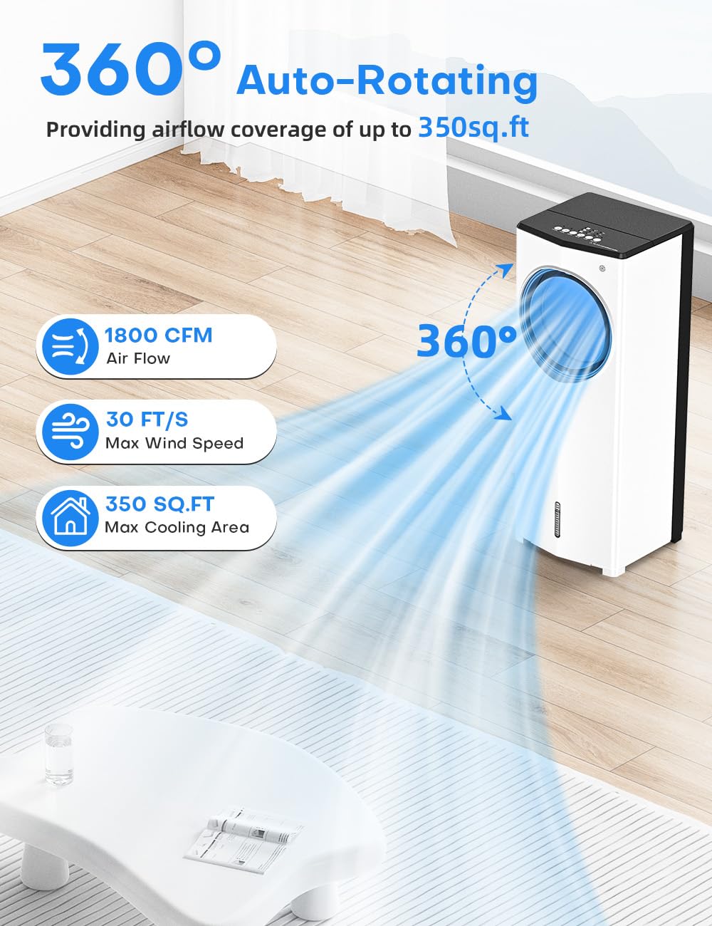 CENSTECH Windowless Air Conditioner, 27" Bladeless Evaporative Air Cooler with 4 Modes & 3 Speeds, Double Tanks for 24H Cooling, 25FT Remote, 7H Timer, 360° Swing Portable Swamp Cooler Air Conditioner