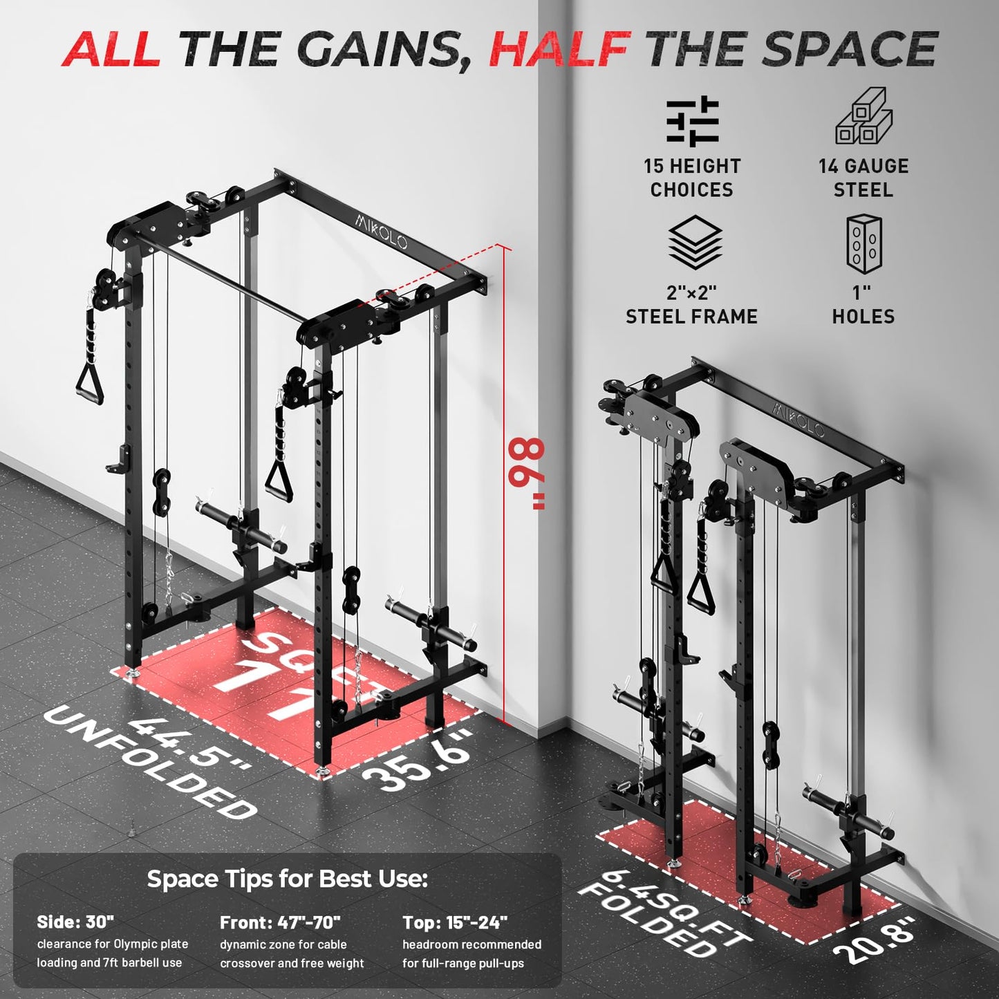 Mikolo Folding Squat Rack, Wall Mounted Power Rack with Cable Crossover Machine & LAT Pull Down, Functional Trainer with 5 Adjustable Function Modes, No Function Interference (Black)