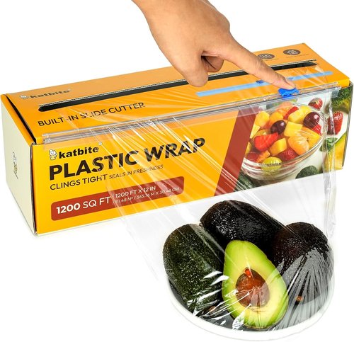 Katbite Plastic Wrap - Durable 12" x 1200' Clear Food Service Film with Removable Slide Cutter
