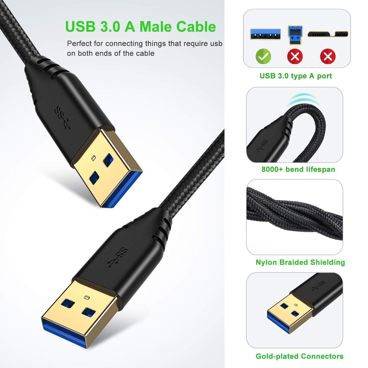 4-Pack 6ft 3.0 USB A to A Cable USB Male to Male Cable Braided Double End USB Cord Compatible for Hard Drive
