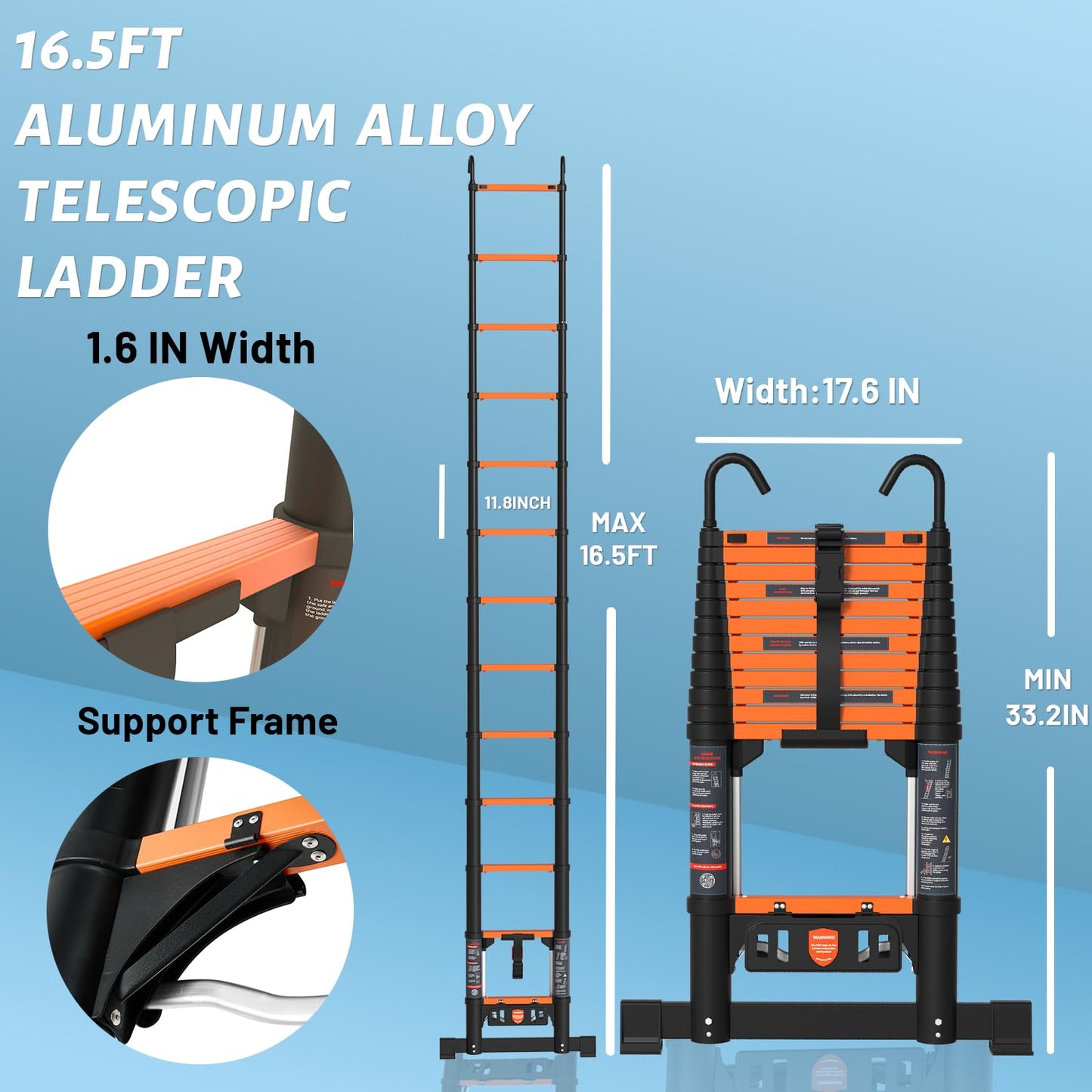 Telescoping Ladder, 16.5FT Extension Ladder，One-Step Collapsible, Aluminum Ladder for RV Home Outdoor, 330lbs Max Capacity