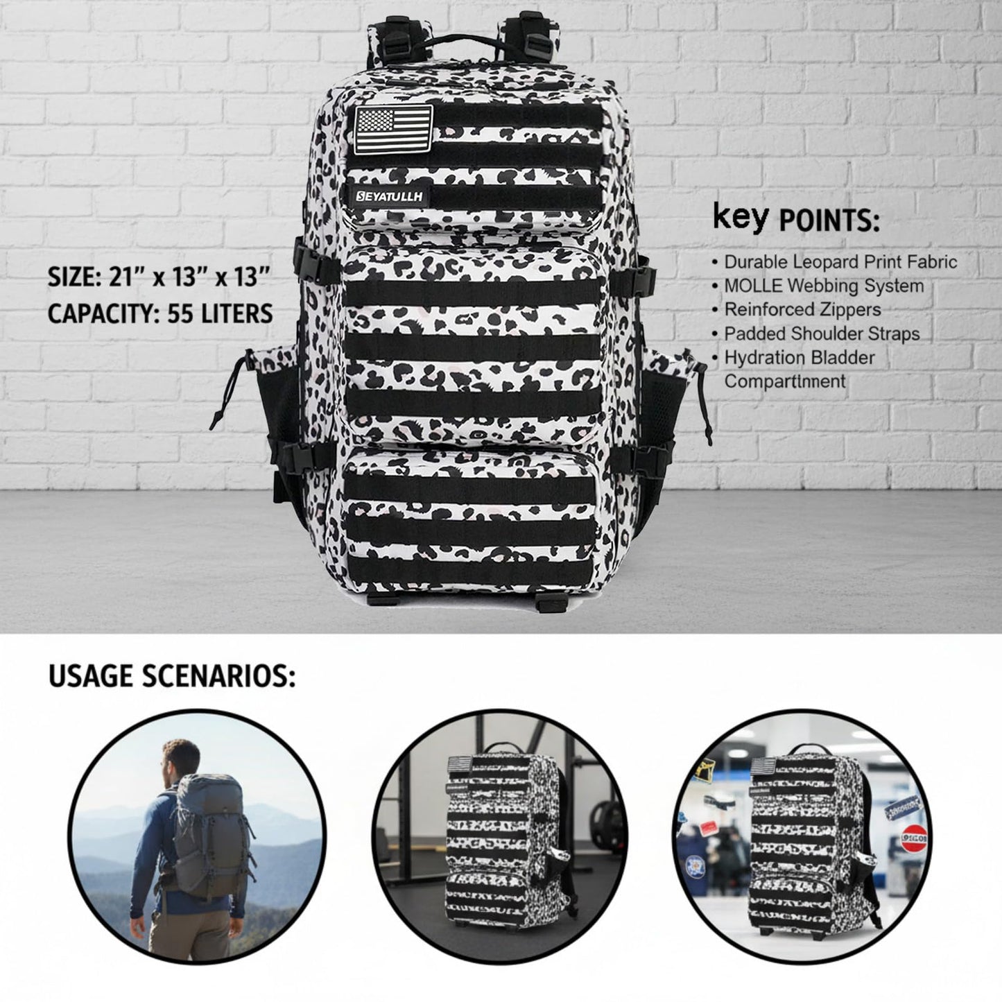 SEYATULLH Military Tactical Backpack 55L for Men & Women Bug Out Bag Assault pack Molle Daypack Hiking Trekking Rucksack (Leopard print color)