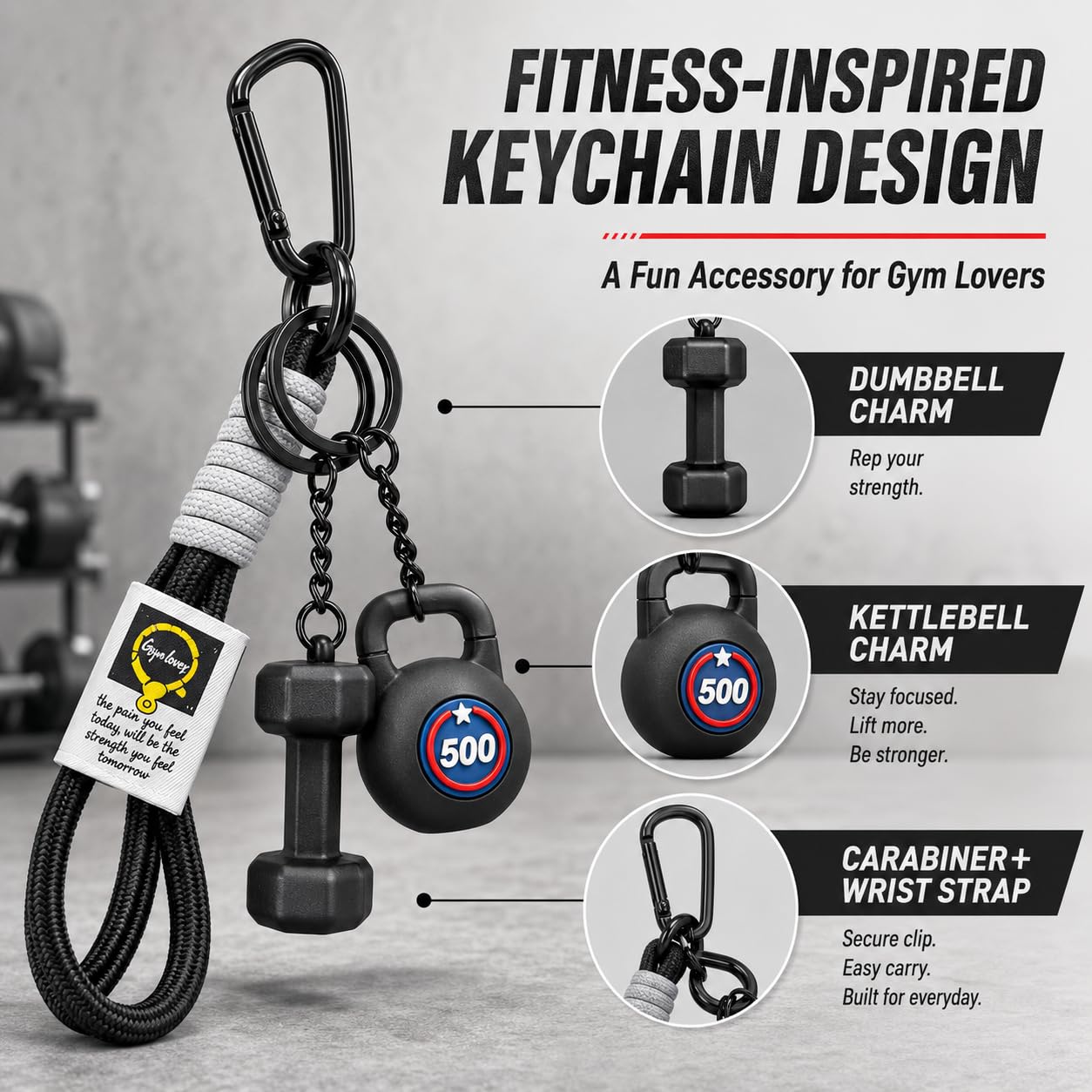 Exodmx Fitness Dumbbell & Kettlebell Keychain - Cute Mini Charm for Gym Lovers, Car/Bag/Purse Accessory (Gift for Men & Women)-black