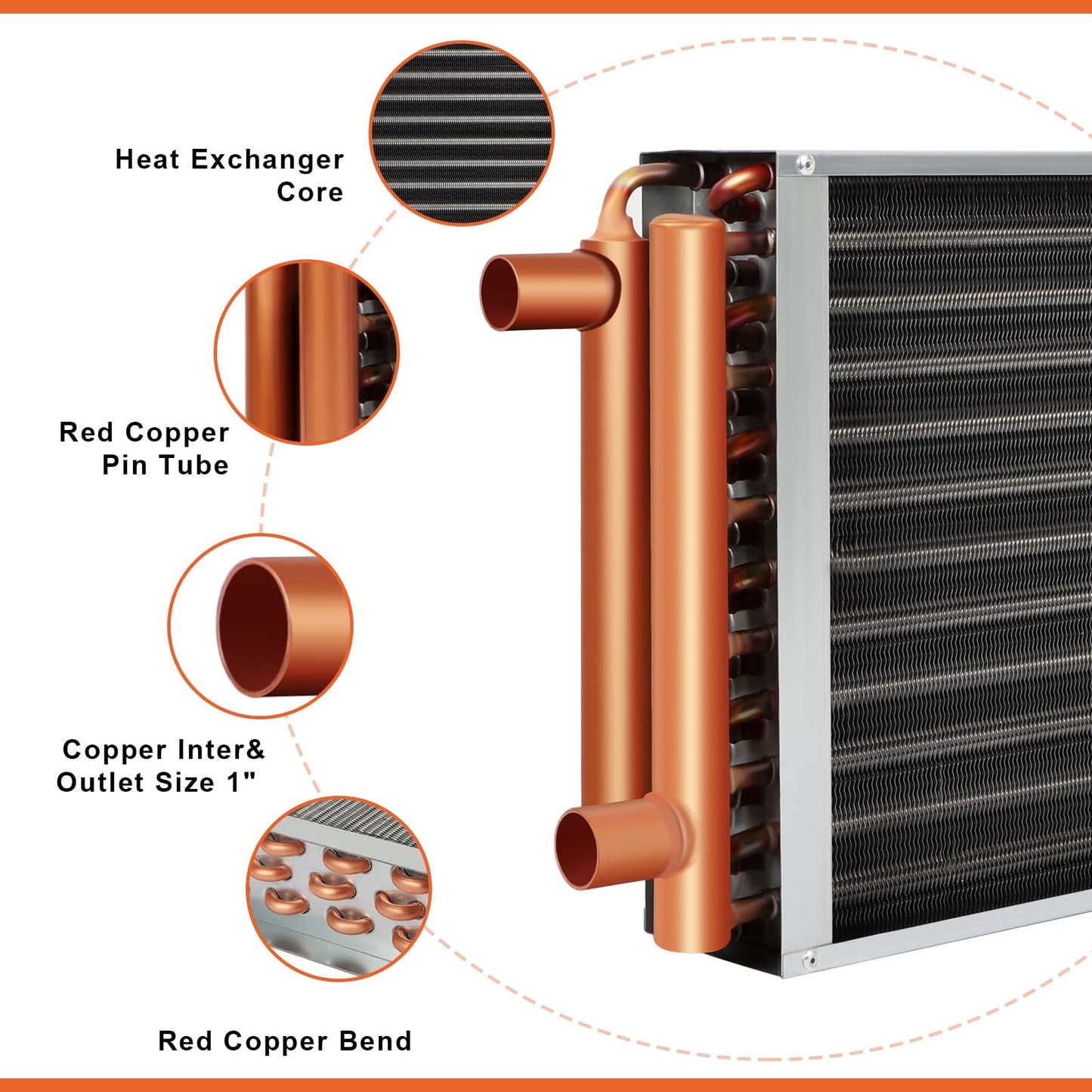 16 x 18 Heat Exchanger Water To Air, Copper Ports for Outdoor Wood Furnaces, Residential Heating and Cooling, and Forced Air Heating