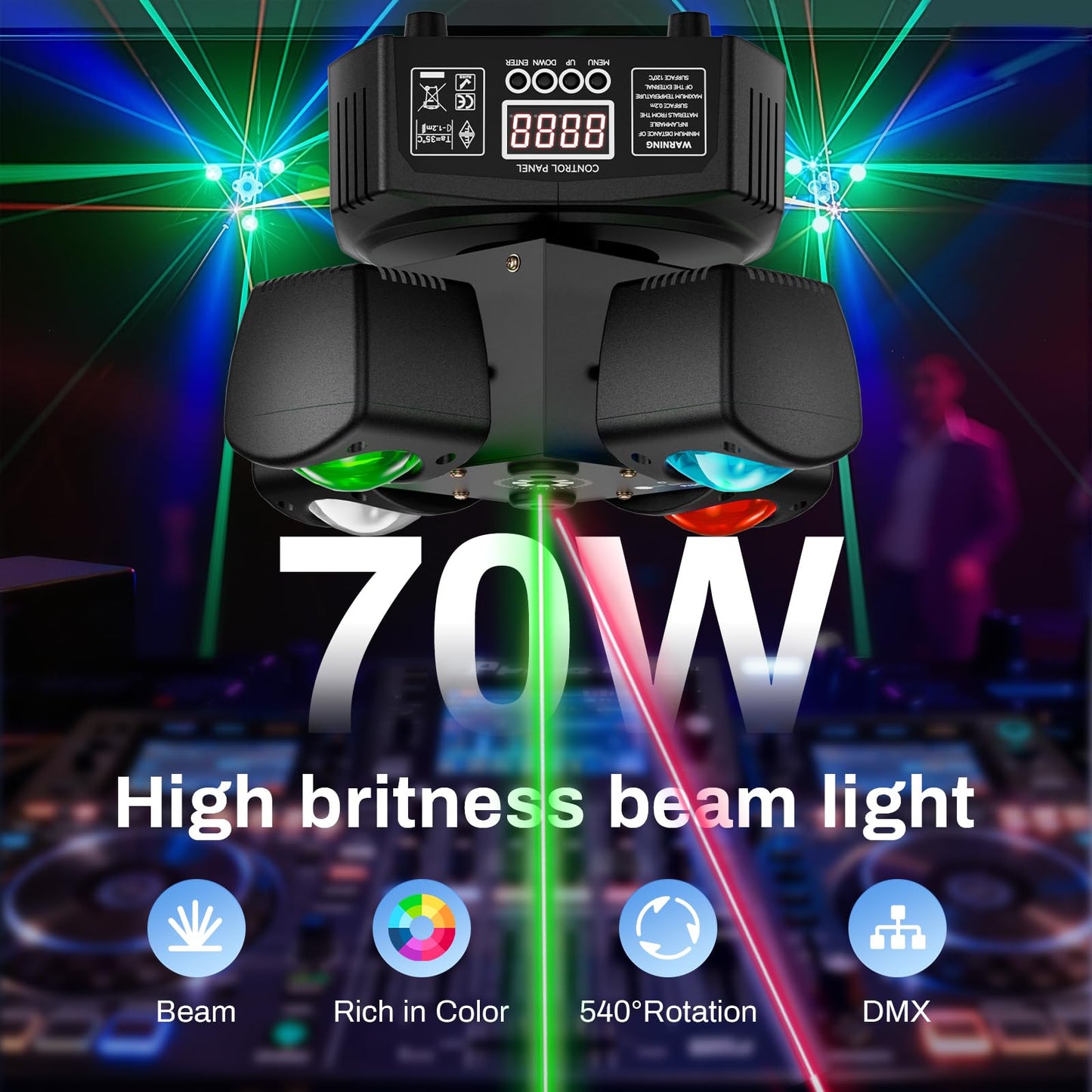 EYTSE Moving Head DJ Lights, 4-in-1 RGBW with DMX-512 & Sound Activated, Stage Light with Red Green Starry, White & Amber Strobe, Perfect Stage Lights for Party Disco Club Wedding Bar