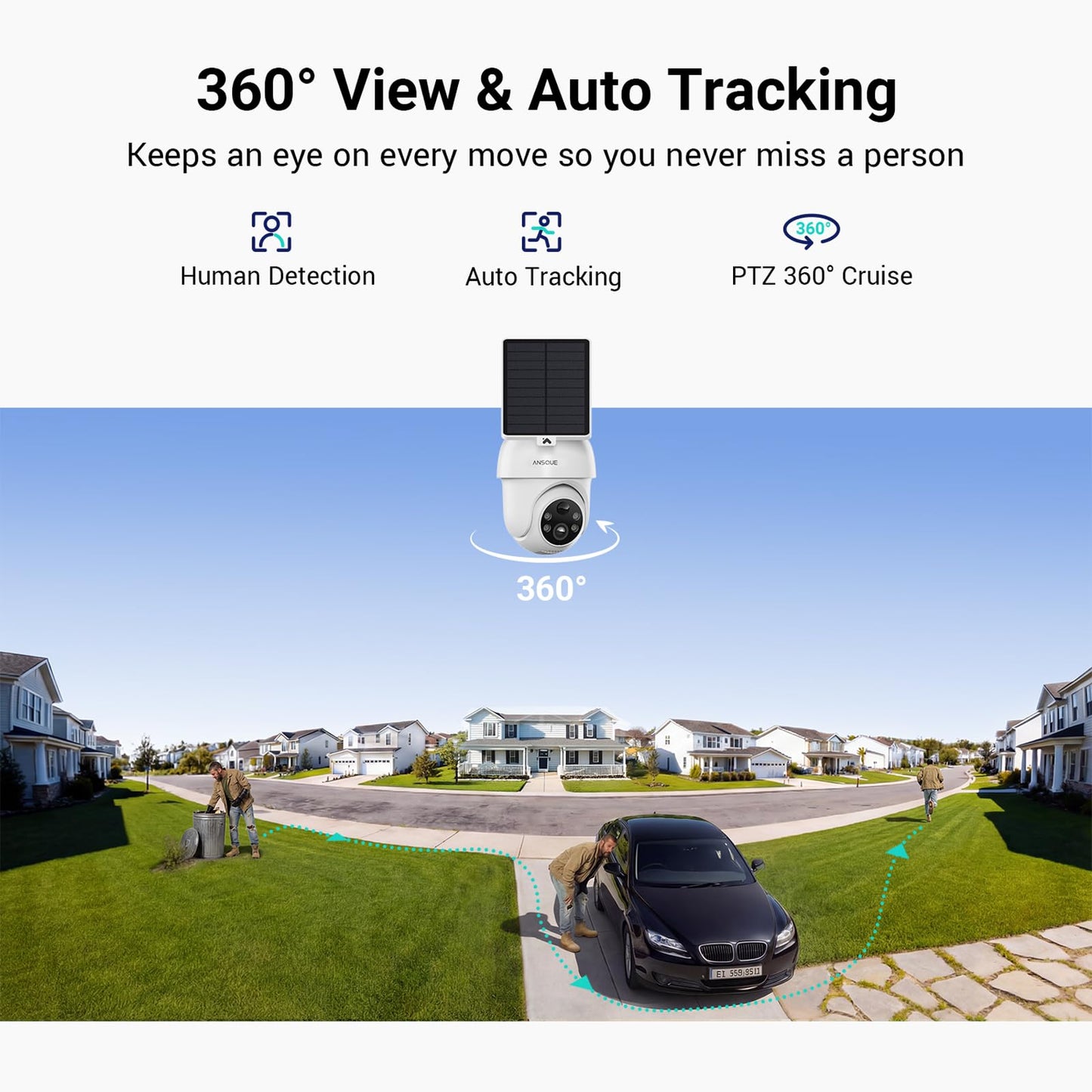 ANSQUE Security Cameras Wireless Outdoor Home System, 4 Camera Kit, No Subscription Fees, Solar Powered, Local Storage, 365-Day Battery Life, 360°PTZ Surveillance, Auto Tracking, 2K Color Night Vision