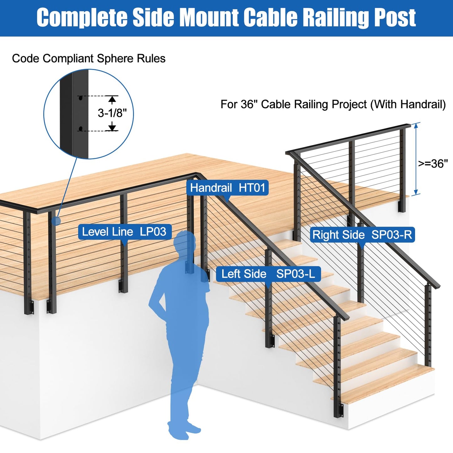 CKE Black Side Mount Stair Cable Railing Post 36 Inch (Post 44"x2"x2") for 25-35 Degrees Stair Railing, Left Side Space-Saving Stainless Steel Cable Railing System Kit Stair Post Indoor Outdoor SP03