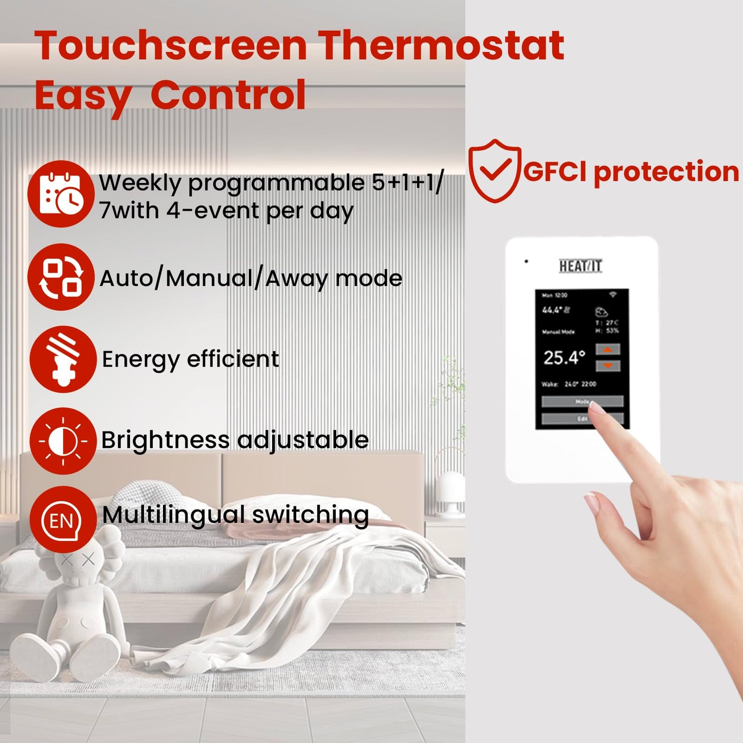 35 sqft HEATIT Warmmat Electric Radiant Self-adhesive Floor Heat Heating System & ET-7A Thermostat & Alarm Monitor