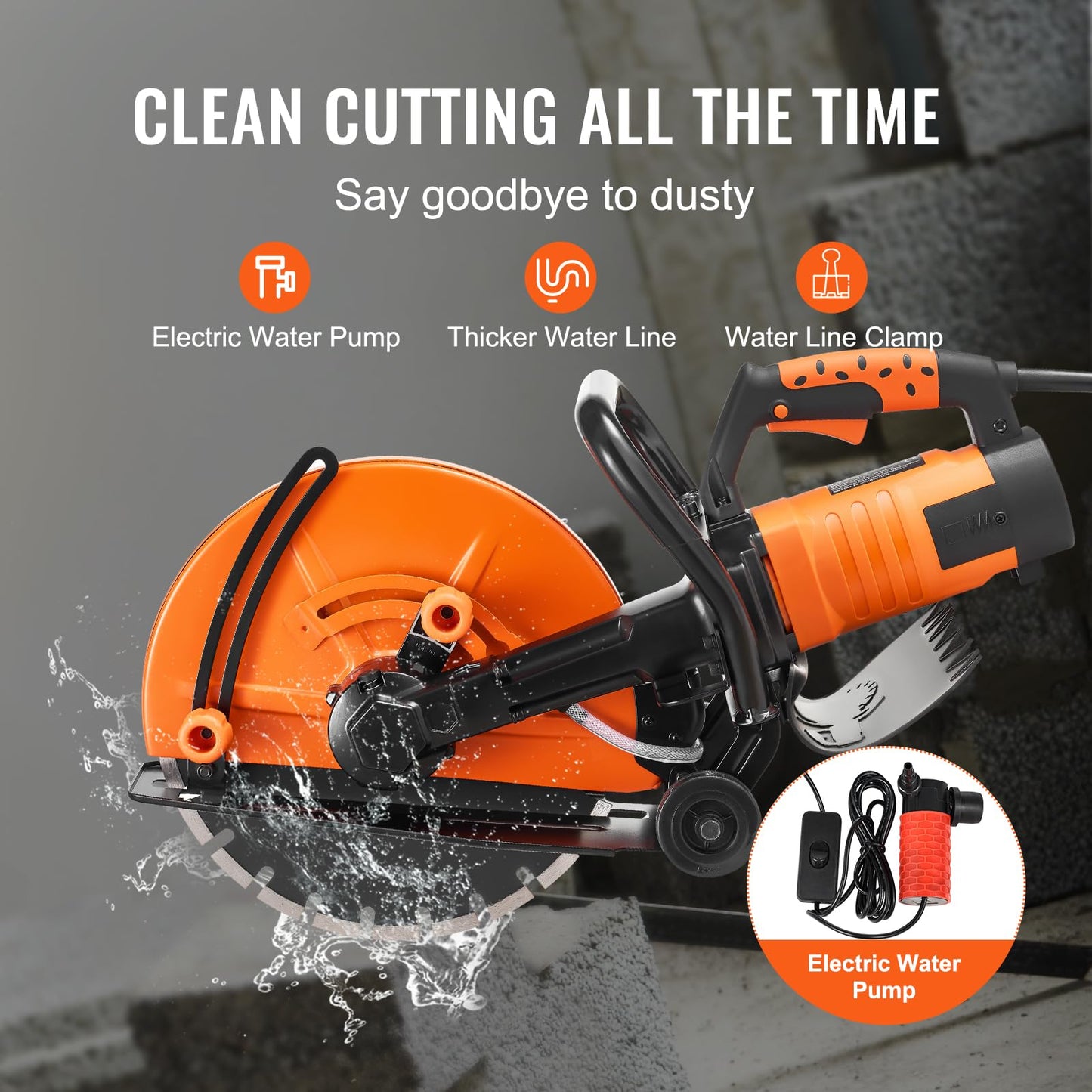 VEVOR Electric Concrete Saw, 14 in, 2600 W Motor Circular Saw Cutter with Max. 6 in Adjustable Cutting Depth, Wet Disk Cutter Includes Water Line, Pump and Blade, for Stone, Brick