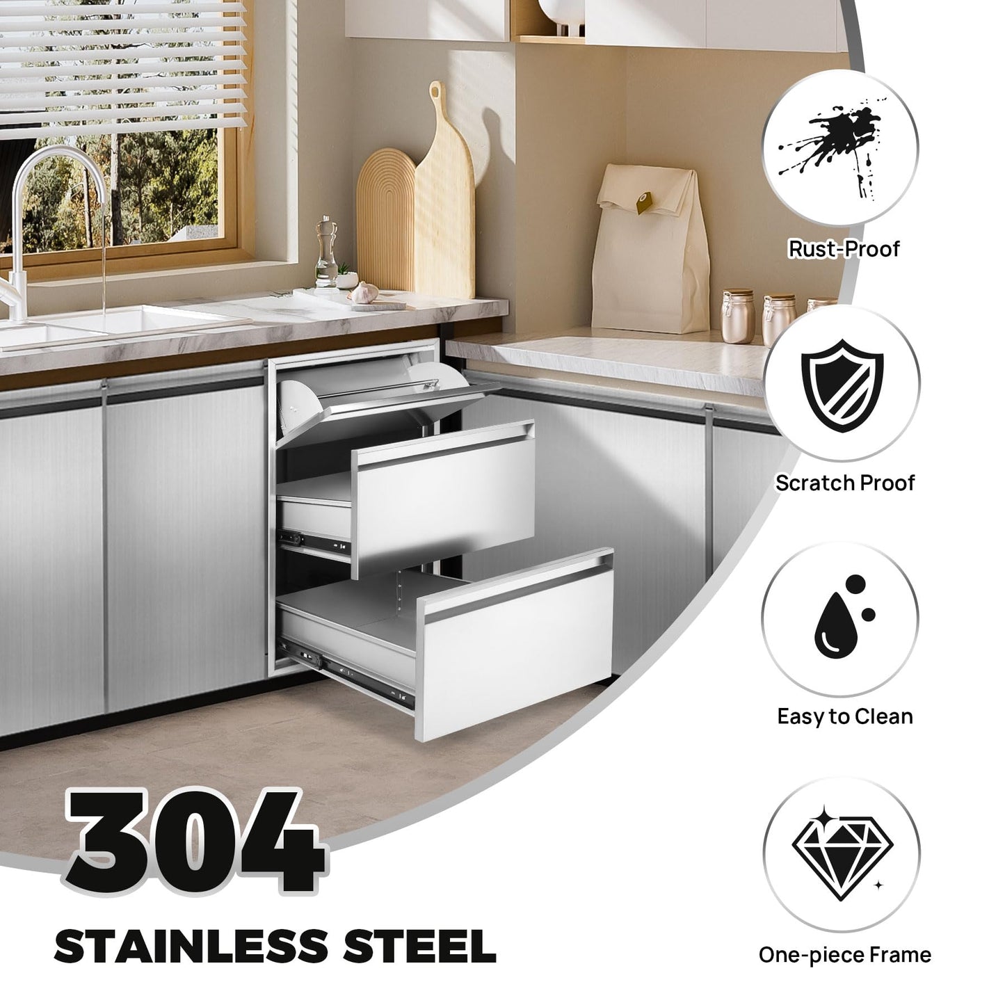 POPMOON BBQ Outdoor Kitchen Drawer W16.7 x D21.4 x H29.8 Inch Triple Access BBQ Drawers Stainless Steel Access Drawer for BBQ Island and Outdoor Kitchen