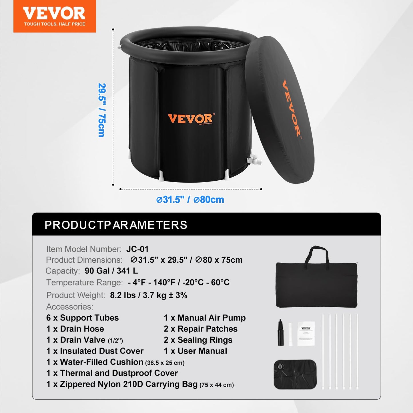 VEVOR Ice Bath Tub, Cold Water Therapy Plunge Tub for Athletes, Portable Outdoor Ice Barrel Plunge Pool for Recovery, 90 Gal Inflatable Folding Bathtub with Cover, Home Ice Pod for Adult, 32"Lx30"H