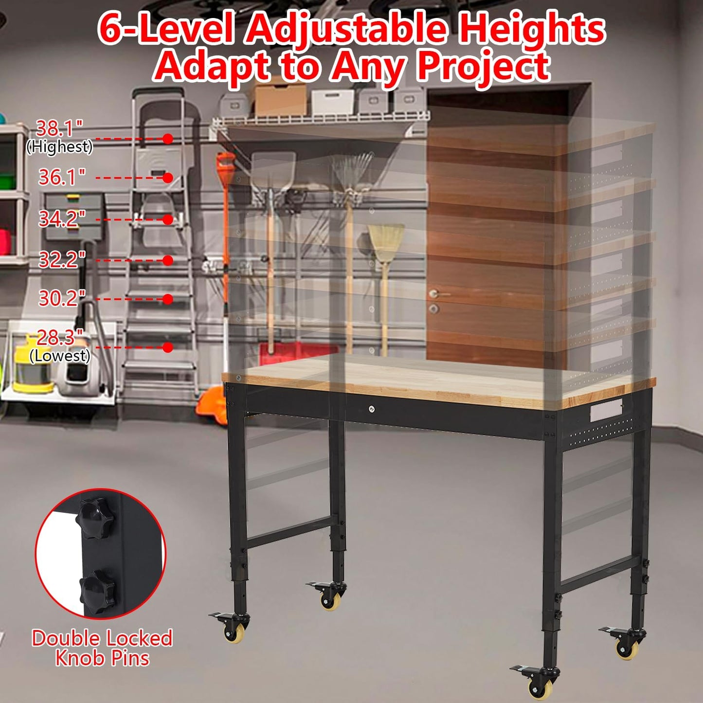 48"x24"x1.2" Heavy Duty Adjustable Workbench with Rubber Wood Top, 9 ft Power Strip, 2000 LBS Load, Lockable Wheels, ETL Certified, Black Garage & Workshop Table