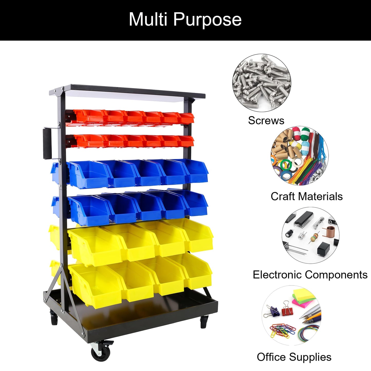 Veemuaro 6-Tier Rolling Bin Stroage Rack with 60 Bins, Dual-Sided Parts Organizer with Wheels and Top Tray, Heavy Duty Tool Storage Rack for Workshop, Garage, Utility Use