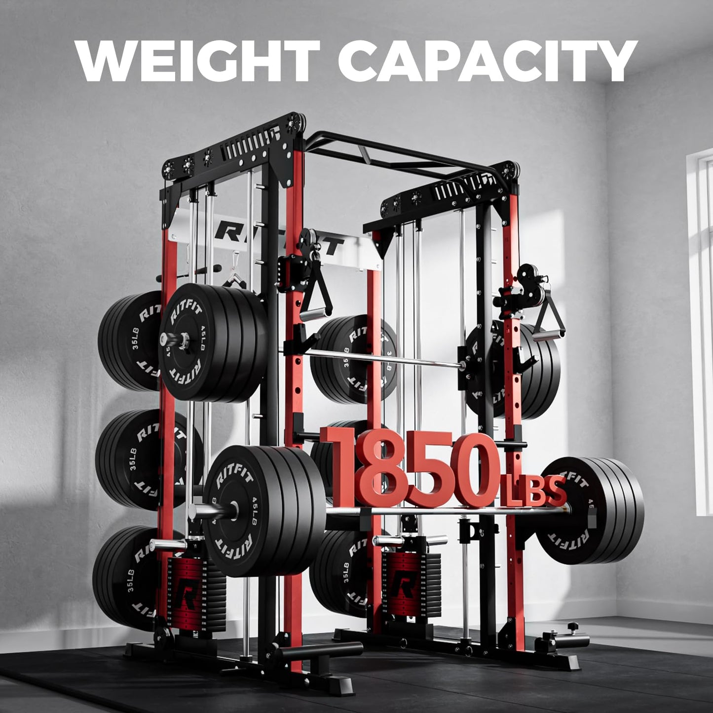 RitFit M1 Pro Smith Machine with LAM1 Adjustable Lever Arm Attachment, All-in-One Power Cage, Power Rack with LAT Pulldown & Cable Crossover System for Home Gym(Red with Weight Stack,CP230)