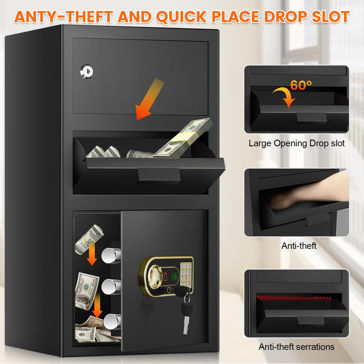 6.0 Cu ft Large Drop Safe Box for Business, Anti-Theft Cash Safes Drop Box with Drop Slot, Digital Keypad and Spare Key, Heavy-duty Depository Drops Safe for Home Retail Busines Restaurants