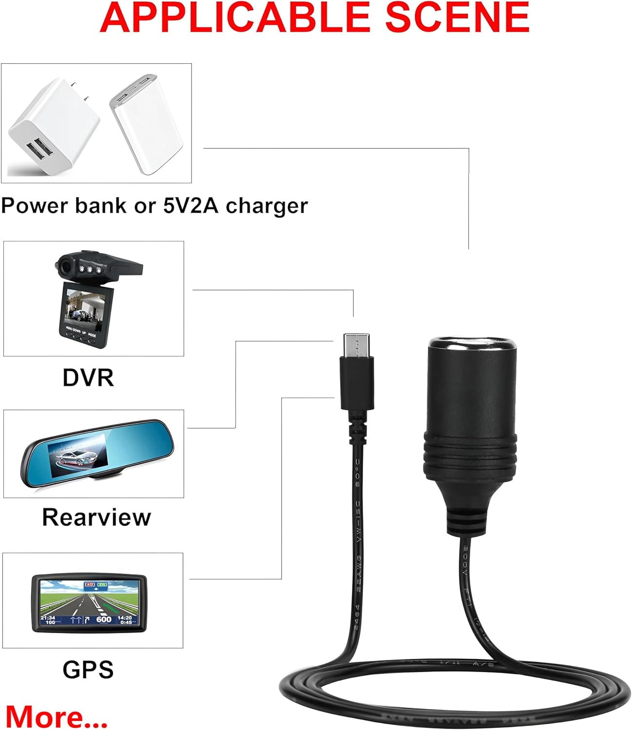 MeetUs 12V 45W~65W USB Type-C Male Plug to Car Cigarettes Adapter Female Socket PD Power Cable,Work with PD USB C