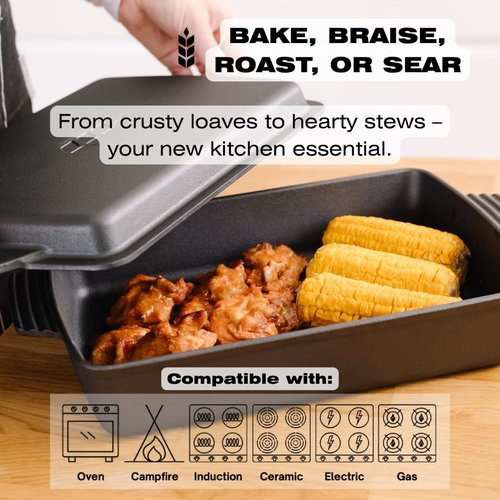 KUHA Square Cast Iron Dutch Oven 2-in-1 - Pre-Seasoned Cookware with Skillet Lid & Casserole Dish - 13" x 9", 6 QT