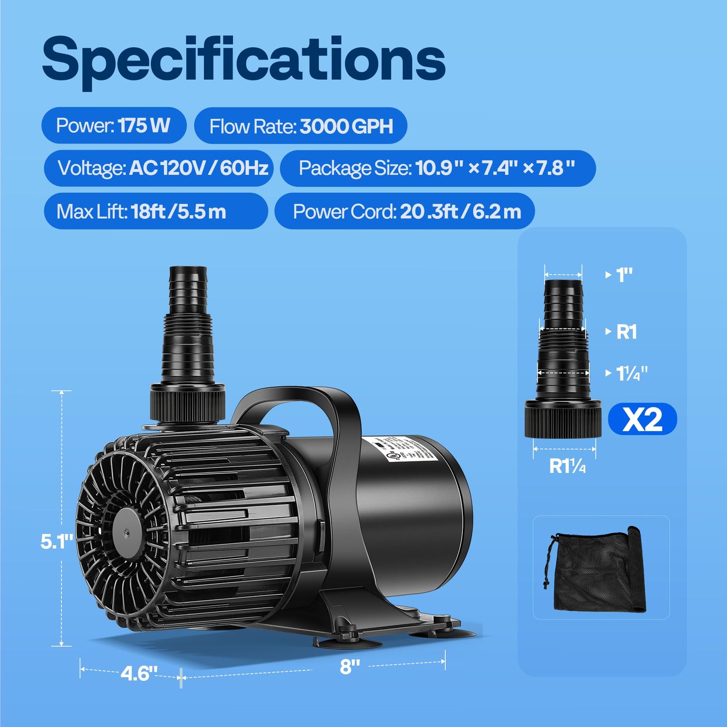 VIVOHOME Electric 175W 3000GPH Submersible Water Pump for Koi Pond Pool Waterfall Fountains Fish Tank and Aquarium