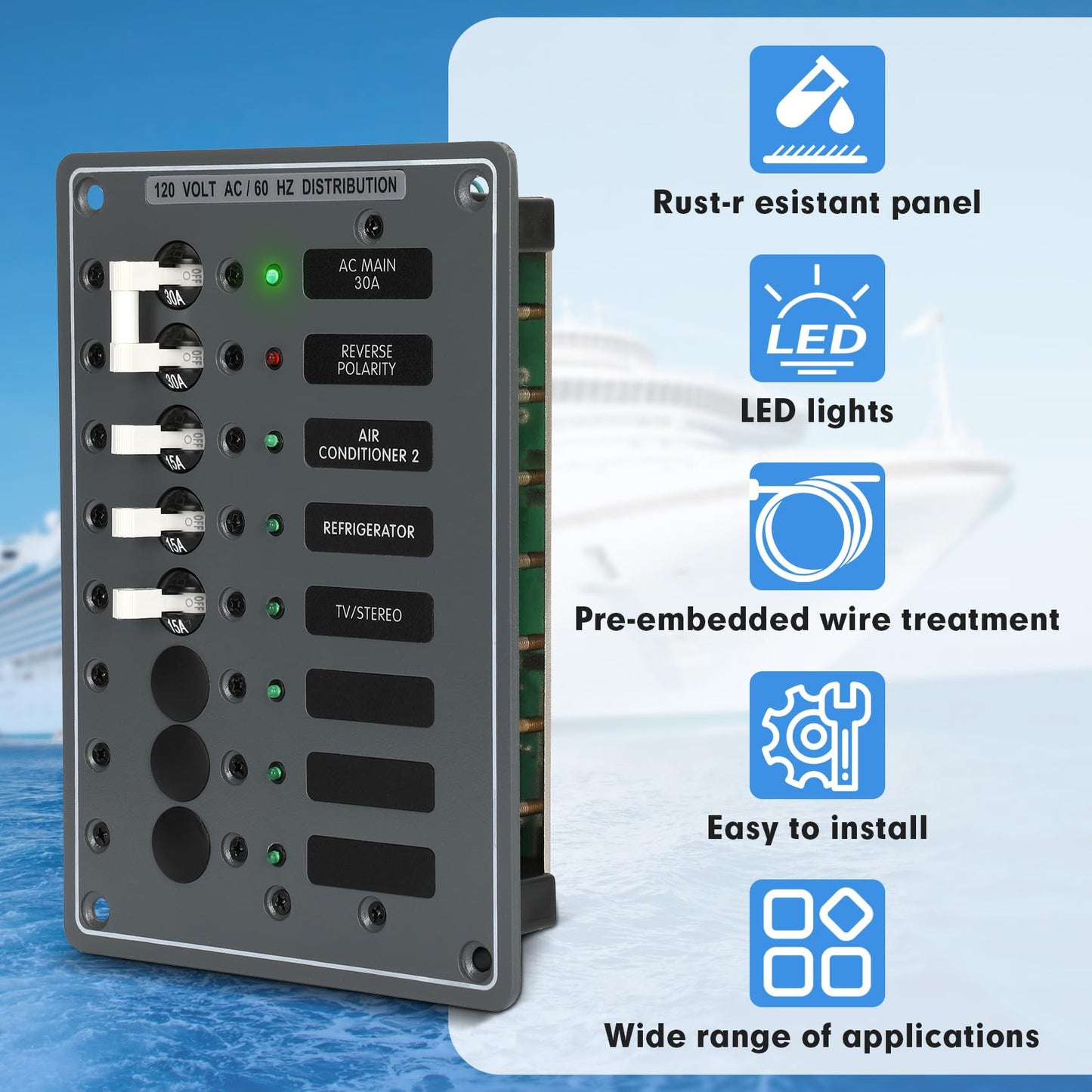 AC Main Circuit Breaker Panel 6-Position Metal Panel withand Red LED Reverse Polarity Indicator and Pre-Wiring,for Marine RV Yacht