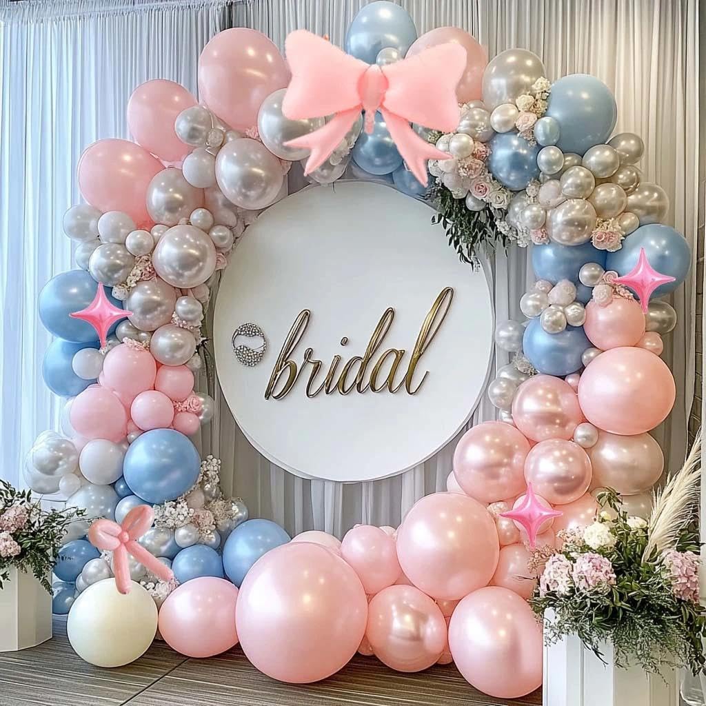 Skiennix Pearl Pink Balloon Arch - Light Pink Foil Bow & Star Balloons for Birthday & Baby Showers