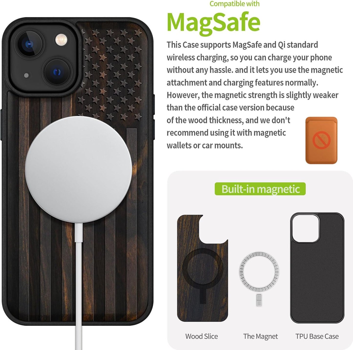 Carveit 15 Magnetic Wooden Case for iPhone Case, Compatible with MagSafe Wireless Chargers, Black Soft TPU Shockproof