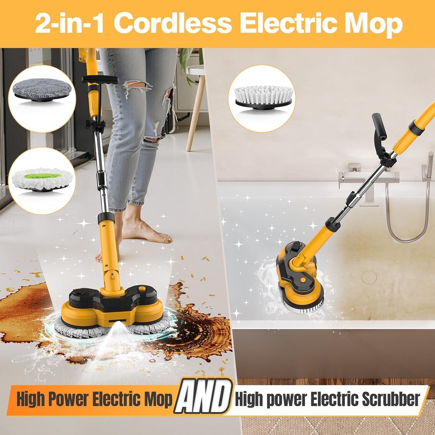Cordless Electric Mop for Dewalt 20V Battery (NO Battery), 2 in 1 Spin Mop & Floor Scrubber Machine with LED Light & Water Spray, 800 RPM Electric Mops for Floor Cleaning, Hardwood,Tile (White)