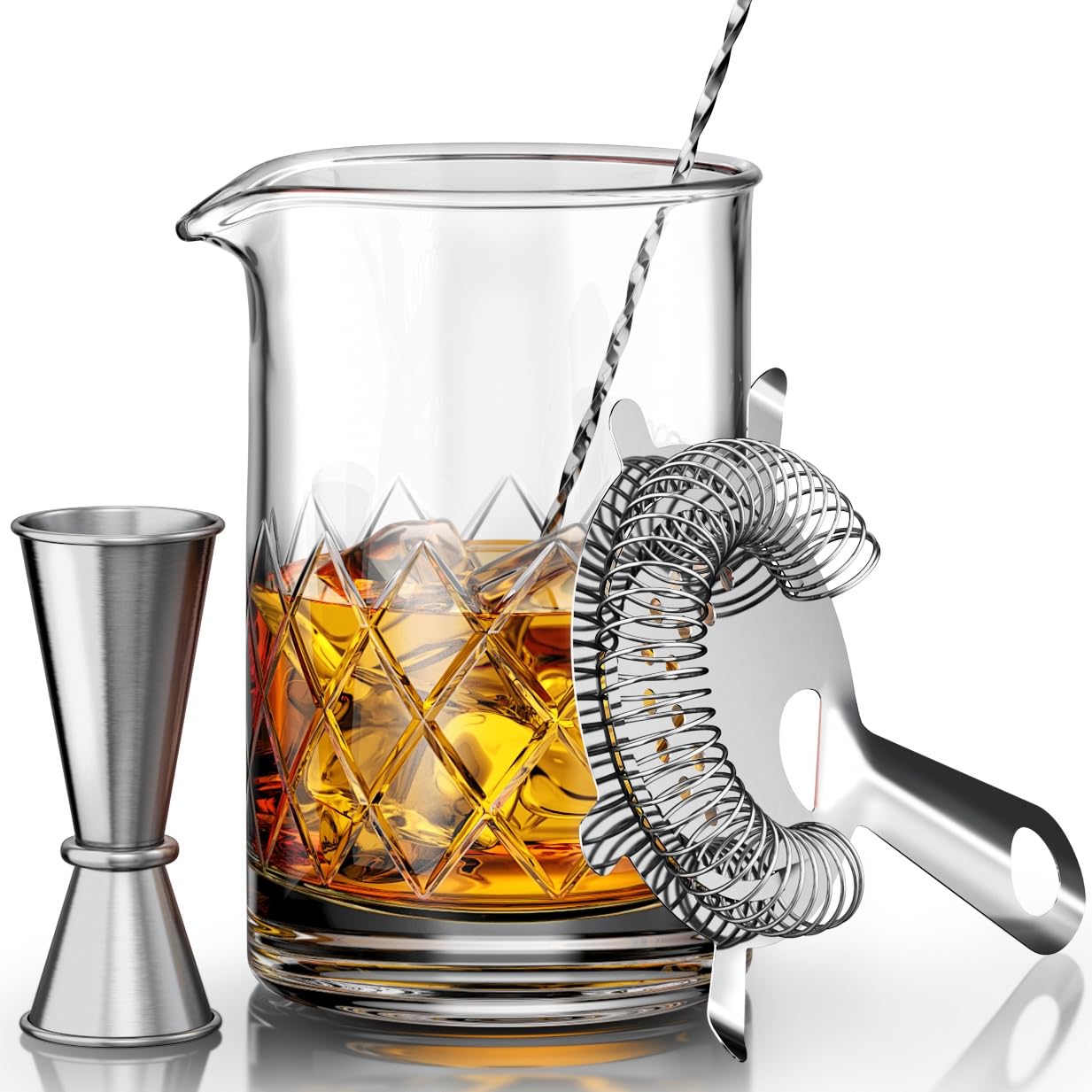 MOFADO. Premium Crystal Cocktail Mixing Glass Set - Bartender Tools/Bar Accessories - Thick Bottom Pitcher/Beaker,Jigger, Muddler, Spoon-4 piece (24 Oz)