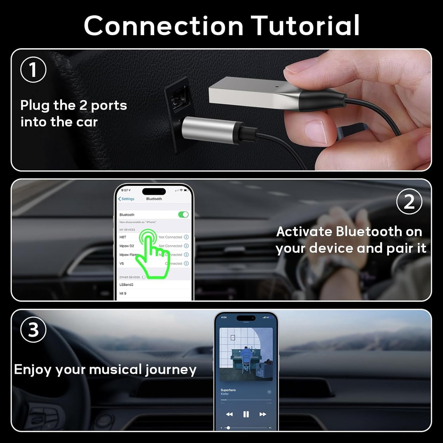 Meliya 5.3 2.0 3.5mm Aux to Bluetooth Adapter for Car, USB to Bluetooth Receiver Jack Kit with Built-in Microphone Aux