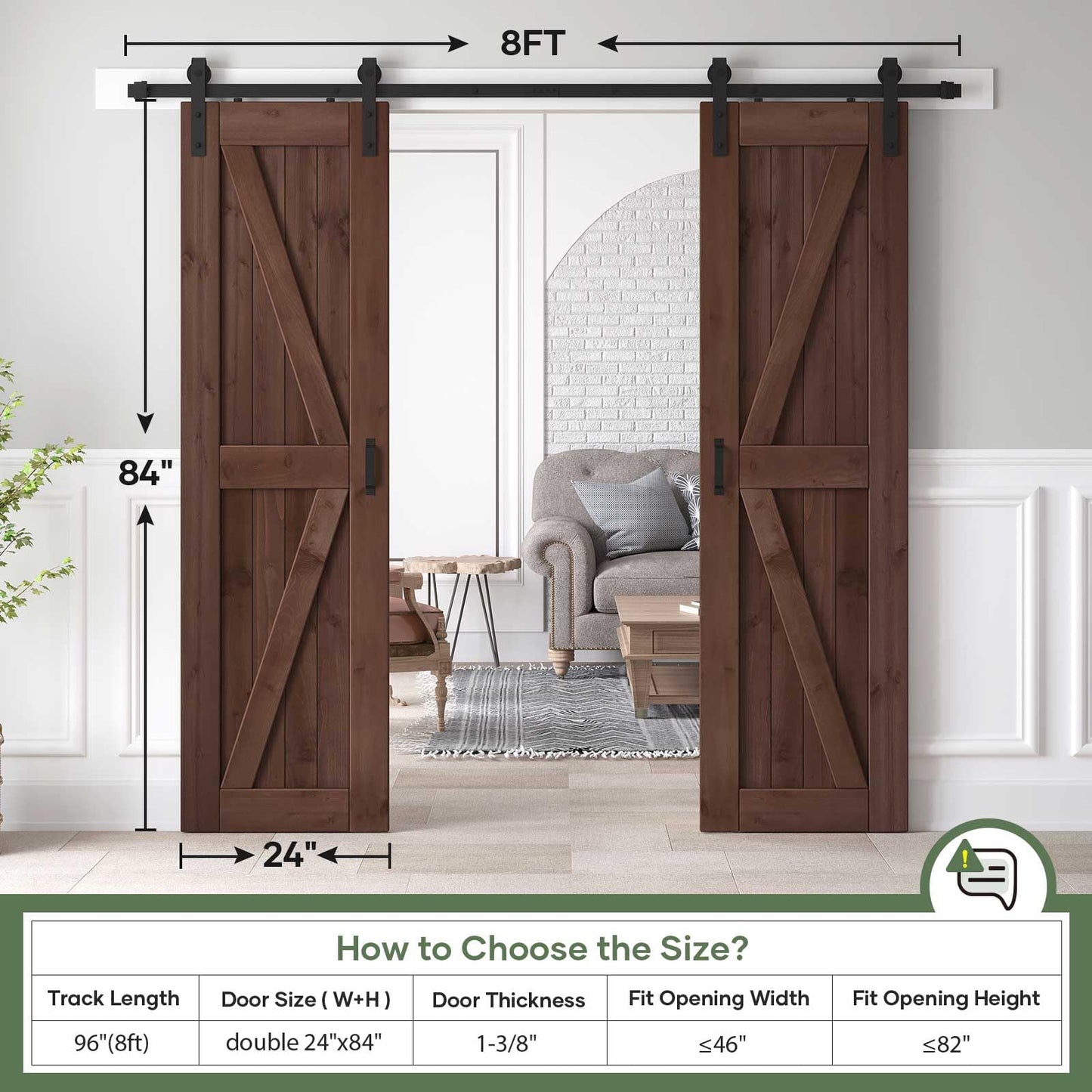 ROYMELO 48x84 inch (Double 24×84 inch Door) Sliding Barn Wood Door Slab with 8ft Hardware Kit and Handle, Coffee, K Shape, Simple DIY Assembly