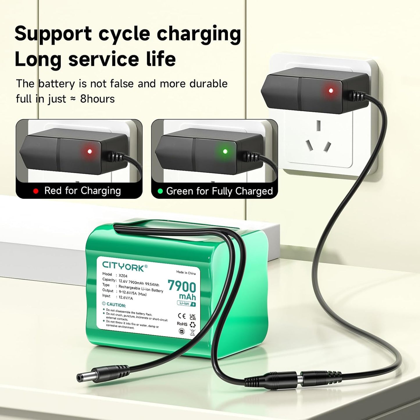 CITYORK 12V 7900mAh DC5521 12V 12V Lithium Battery with Charger, Male Connector, Rechargeable Battery for Devices, DIY