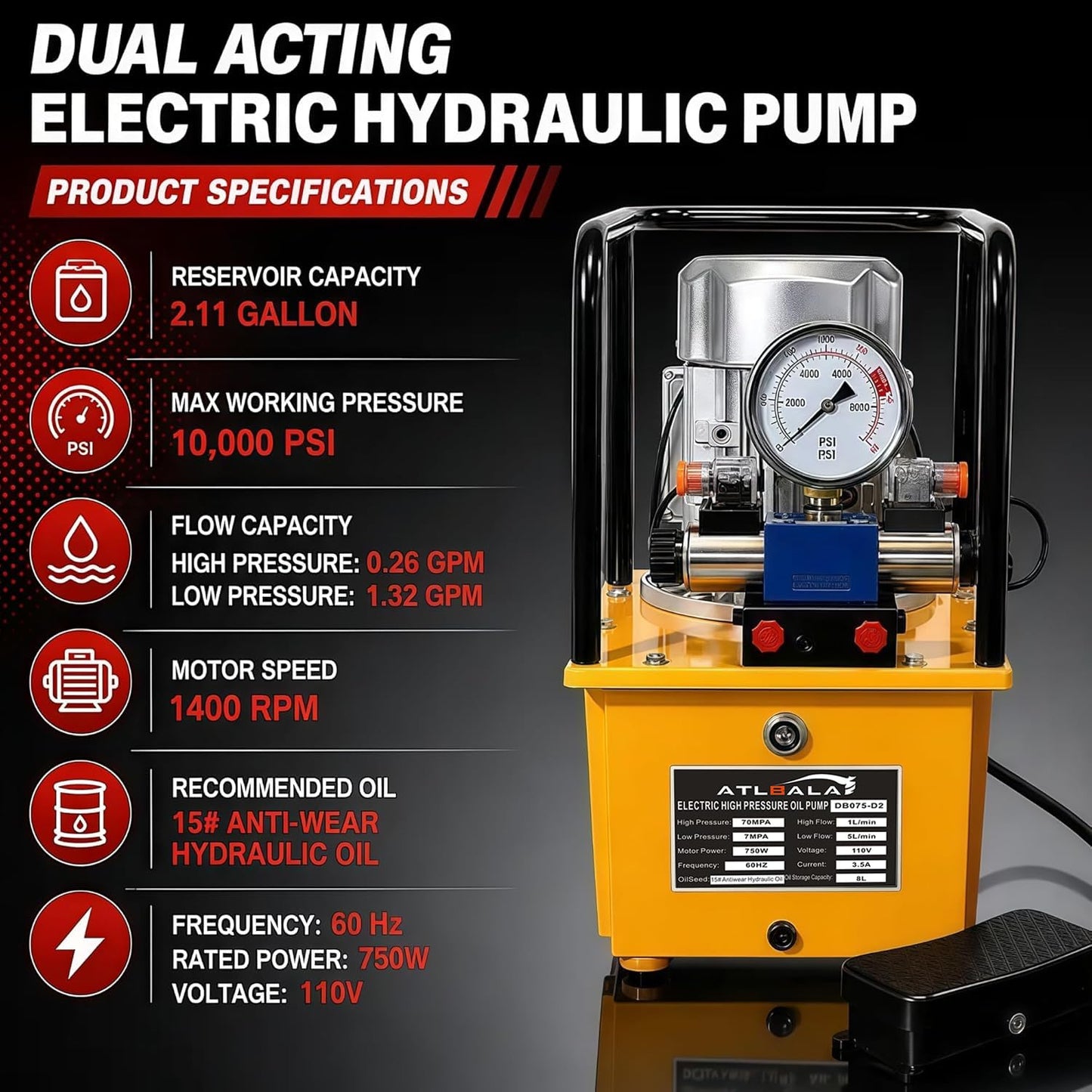 Electric Hydraulic Pump Double Acting 8.4 Quart (2.1 Gallon) Hydraulic Power Unit, 750W 110V Portable Hydraulic Pump with Solenoid Valve, 10000 PSI for Jack, Punching and Bending Machines