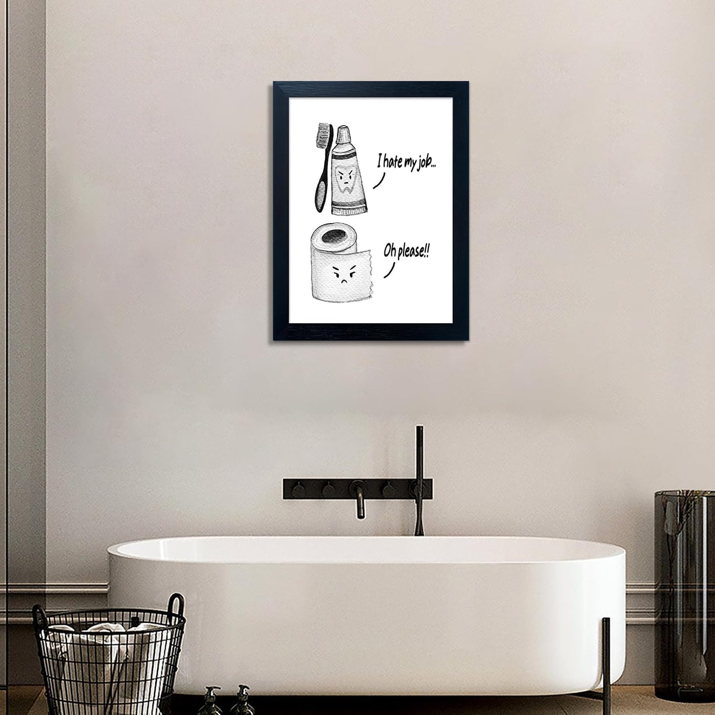 Skiennix Kids Bathroom Decor - Cute Framed Canvas Print with Funny Artwork | Modern Black and White Design