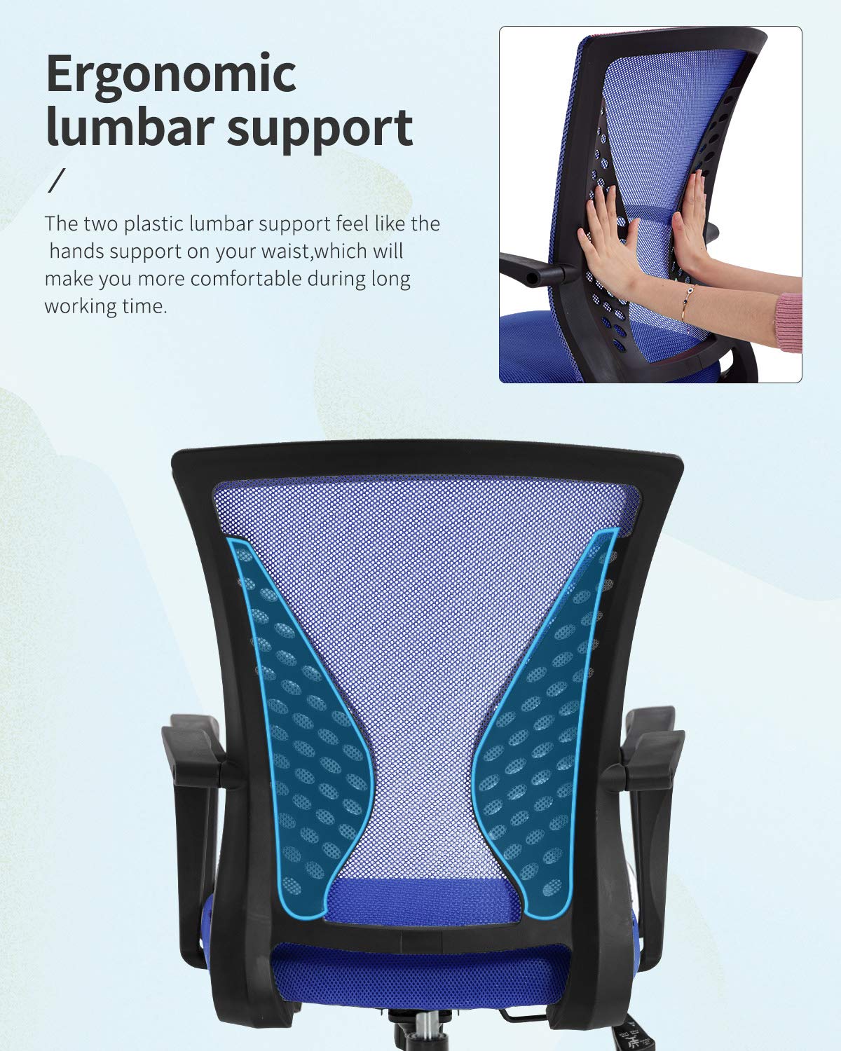 Home Office Chair Mid Back PC Swivel Lumbar Support Adjustable Desk Task Computer Ergonomic Comfortable Mesh Chair with Armrest (Blue)