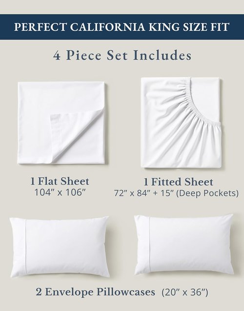 LANE LINEN California King Sheets Set - 100% Organic Cotton, Ultra Soft 4-Piece Bedding | White, Fits Mattresses Up to 15" Deep