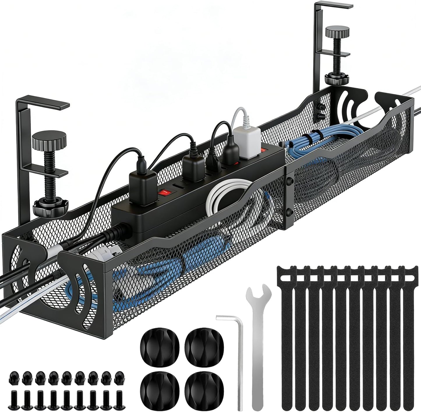 LOVJOYSE 25.3'' Cable Management, Under Desk Cable Management Tray No Drill, Metal Cable Organizer with Clamp for Wire