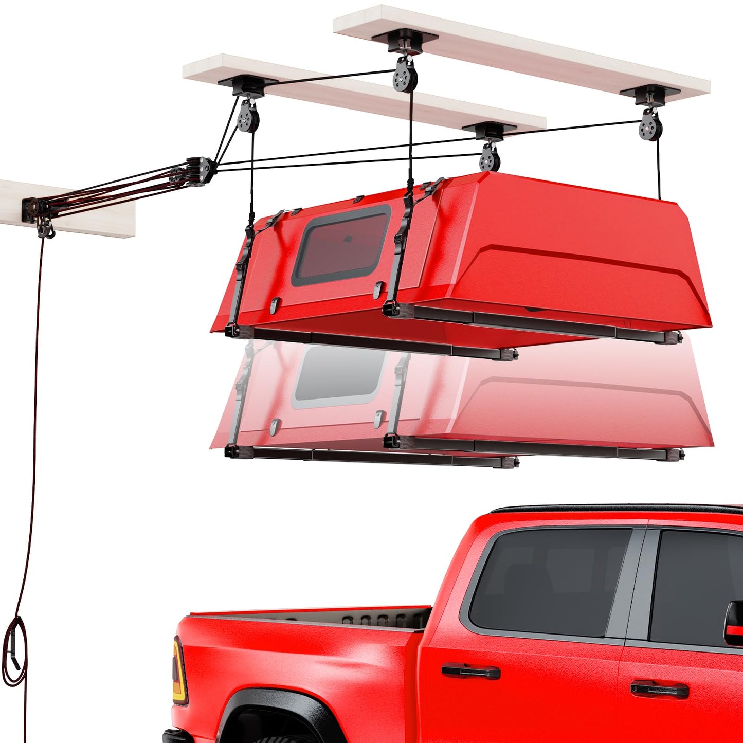 Pacikwest Truck Cap Hoist System for Garage Ceiling, Smart 4-Point Self-Leveling Garage Hoist with 8:1 Pulley Lift System, Easy One-Person Overhead Garage Storage Lift for Truck Topper Rack, 250 lb