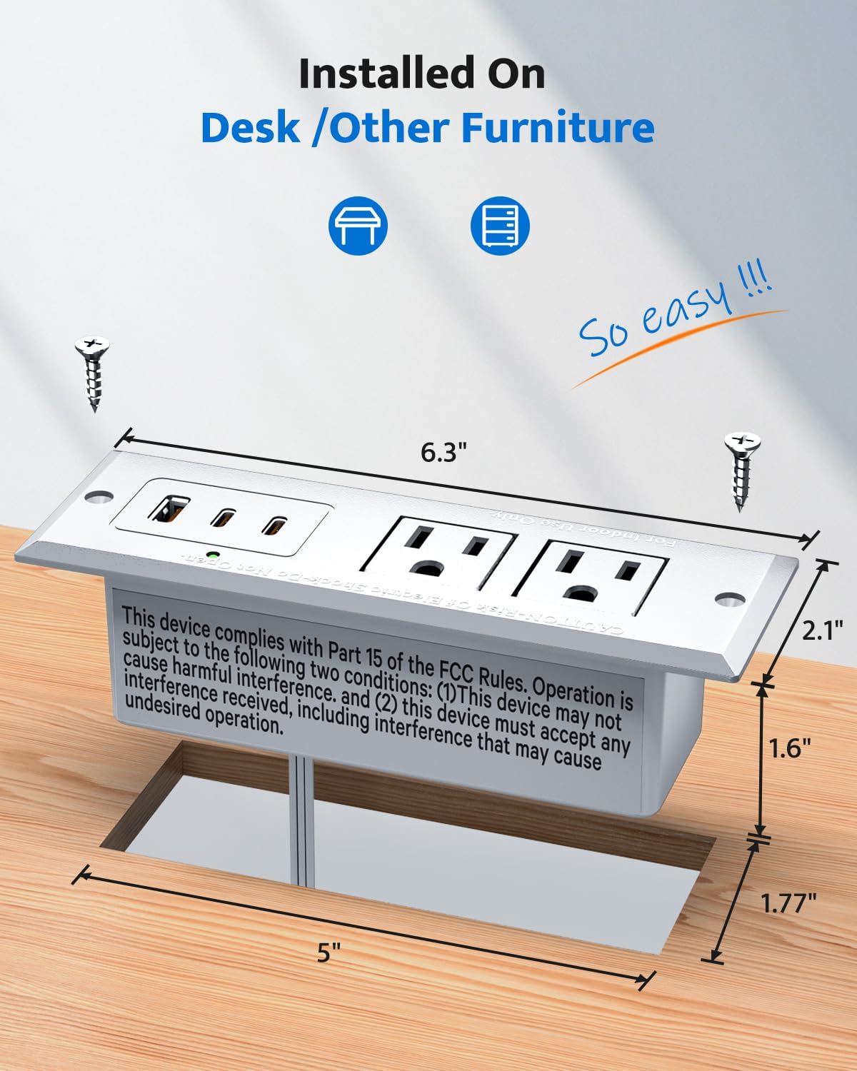 DOACE 20W 6ft 45 Recessed Power Strip with USB C Port, Fast Charging USB A Port Conference Recessed Outlet, Space-Saver