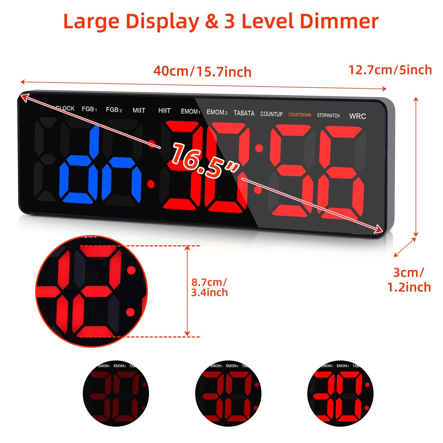 AnExer Gym Timers 16.5" Large Digital Wall Clock for Gym Interval Workout, Remote Control Interval Training Gym Indoor Timer, Blue-red