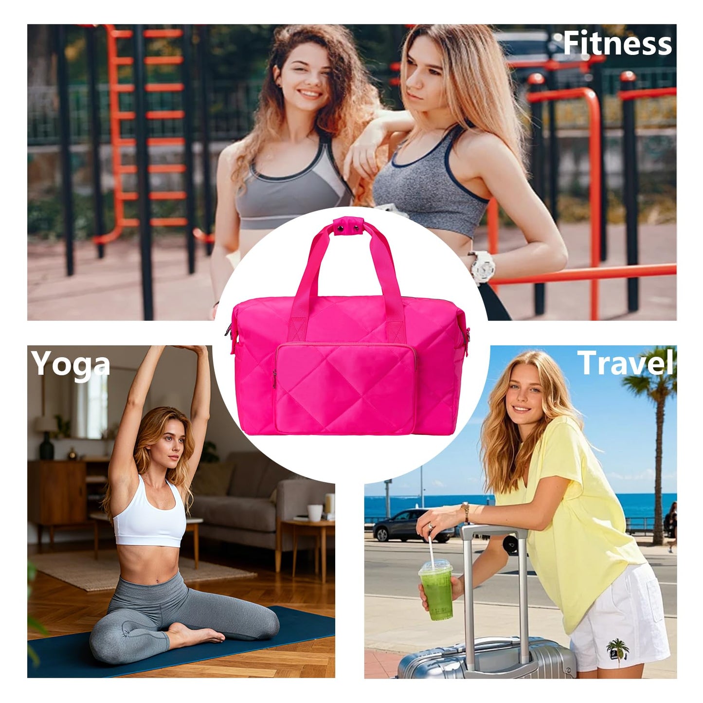 Hot Pink Gym Bag for Women, 18 Inch Lightweight Puffy Carry On Duffel Bag for Travel Sports Yoga, Water Resistant