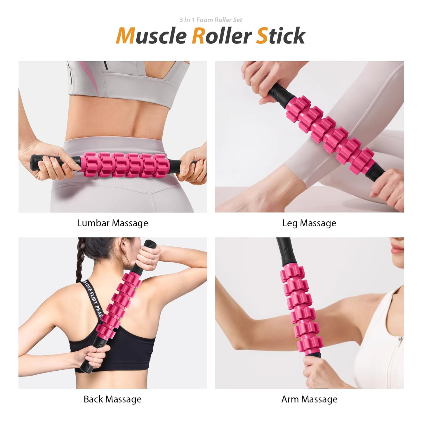 5 in 1 Foam Roller Set for Deep Tissue Muscle Massage, High Density Fitness Exercise Foam Roller, Massage Roller, Massage Ball, Resistance Band, for Whole Body (Pink-Black)