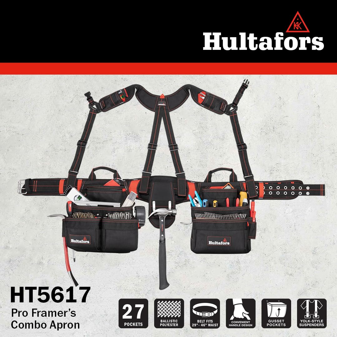 Hultafors Work Gear HT5617 Pro Framer's Combo Apron with Yoke Style Suspenders, Heavy Duty Ballistic Polyester Tool Belt, Gusst-Style Front Pockets, 2 Steel Hammer Loops, Steel Tape Clip, 27 Pockets