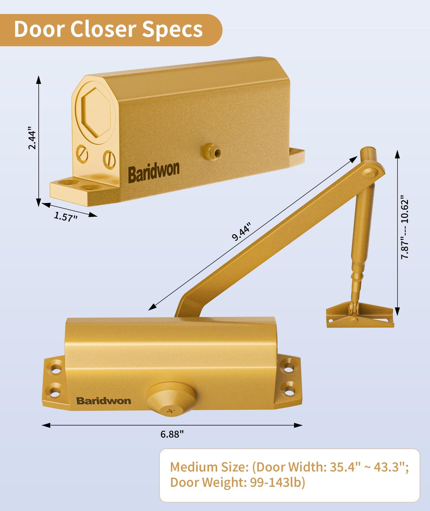 Baridwon Dullgolden Hydraulic Door Closer Medium Size, Automatic No Slam for Home & Commercial Use