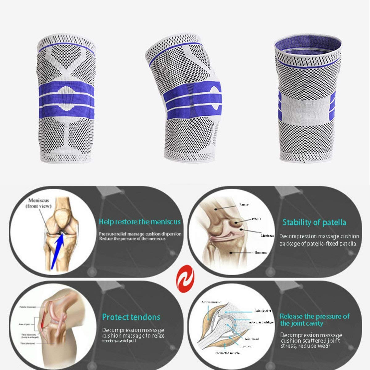 EOYEA Knee Brace Compression Sleeve for Knee Pain Wraps Patella Stabilizer with Silicone Gel Spring Support, Hinged Kneepads Protector for Meniscus Tear Arthritis Men Women (L (Pack of 2))